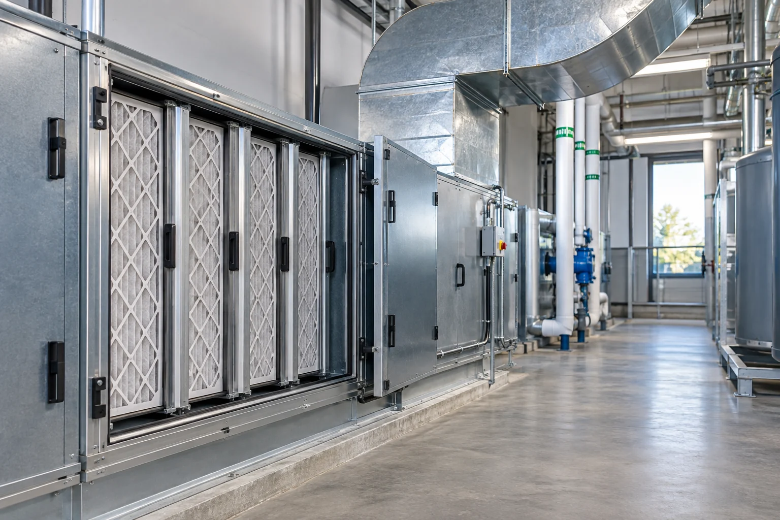 Centrale de traitement d’air avec une banque de filtres visible