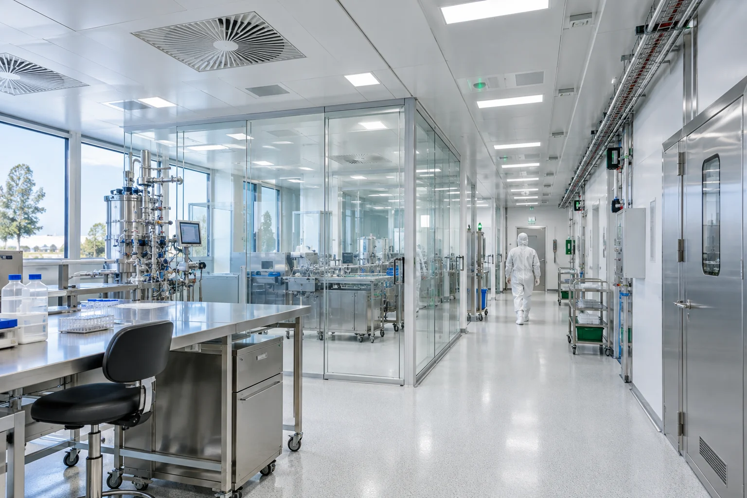 Salle propre avec cloisons vitrées et équipements inox