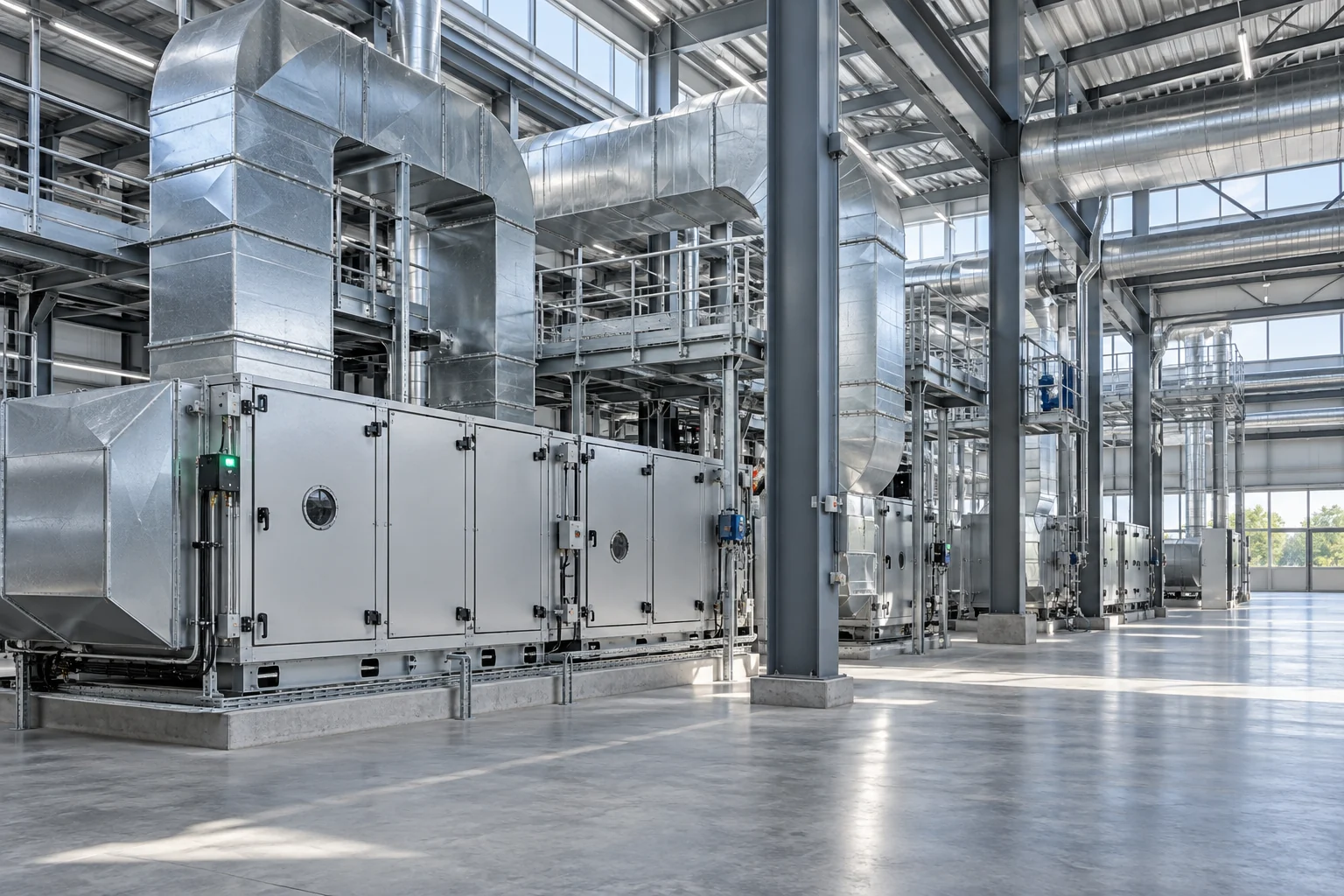 Hall industriel équipé de gaines et de systèmes de traitement d’air